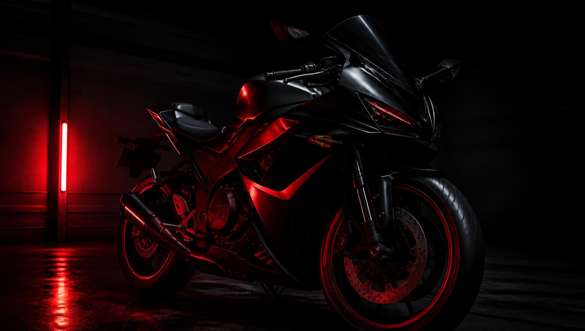 Moto esportiva preta com iluminação vermelha